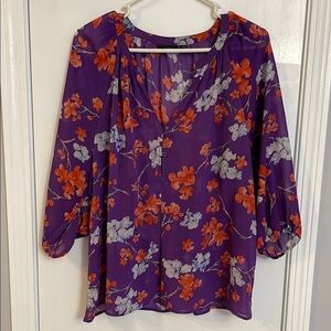 Apt. 9 Orange and Purple Relaxed Blouse with 3/4 Sleeves